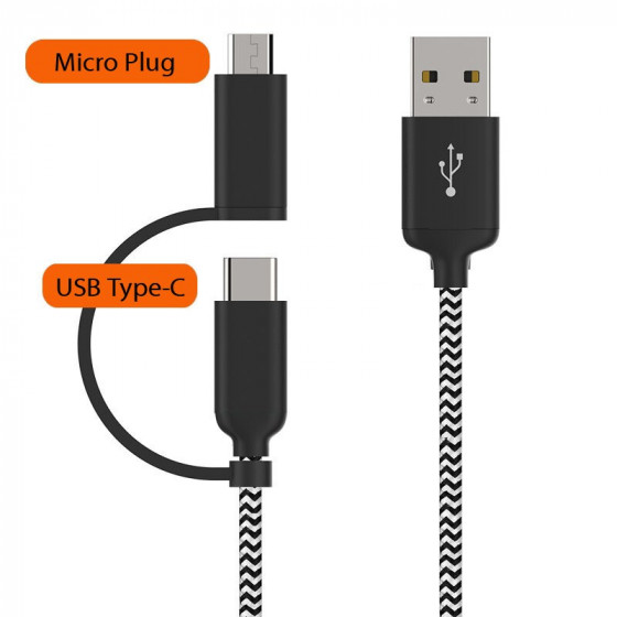 2 in 1 USB Type-C Cable Micro USB Cable 3FT(1M) Nylon Braided Black Color