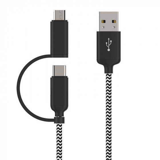 2 in 1 USB Type-C Cable Micro USB Cable 3FT(1M) Nylon Braided Black Color